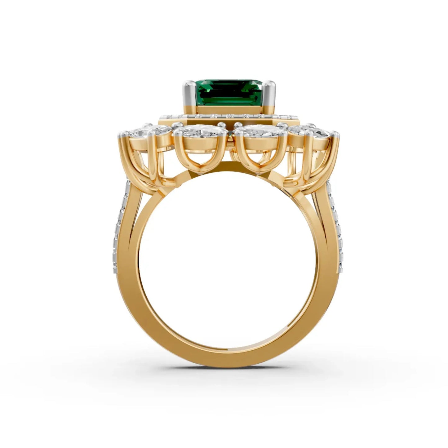 Emerald-Cut Center Diamond Ring with Halo Yellow Gold