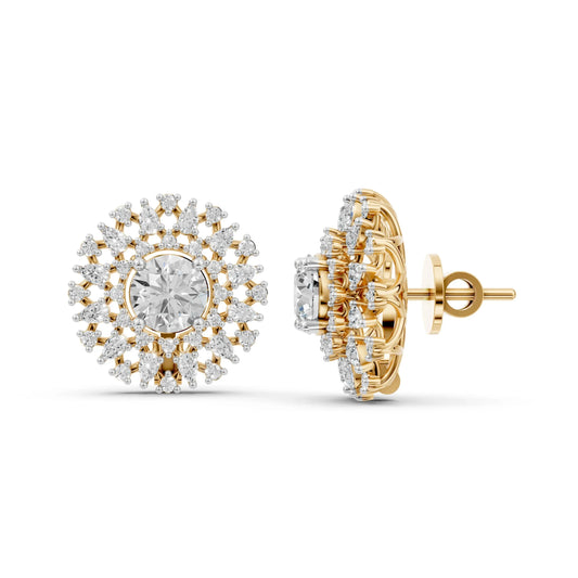 Round and Marquise Diamond Floral Stud Earrings Yellow Gold