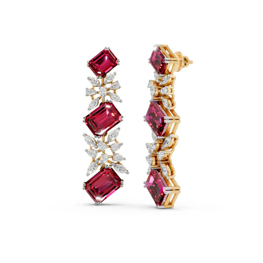 Emerald-Cut Ruby and Diamond Cascade Earrings Yellow Gold
