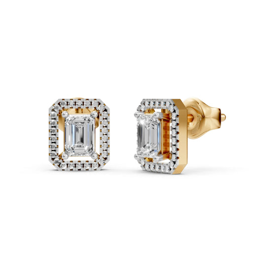 Emerald Cut Diamond Stud Earrings Yellow Gold