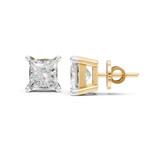 Princess Cut Diamond Stud Earrings Yellow Gold