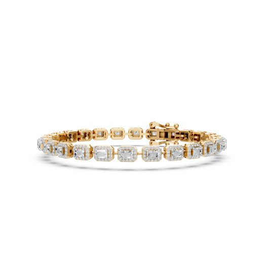 Emerald-Cut Halo Diamond Tennis Bracelet Yellow Gold
