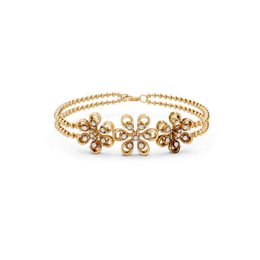 Floral Diamond Bracelet with Double Bead Chain Yellow Gold