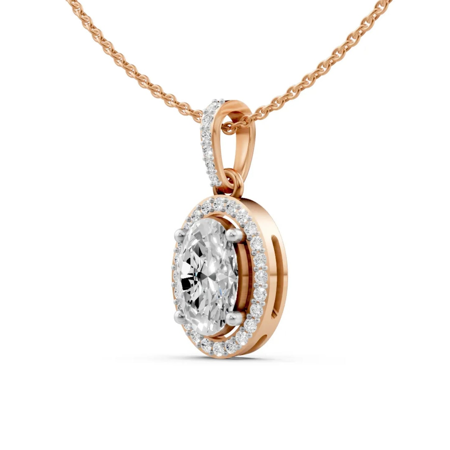 Classic Oval Cut Diamond Pendant with Halo Setting Rose Gold