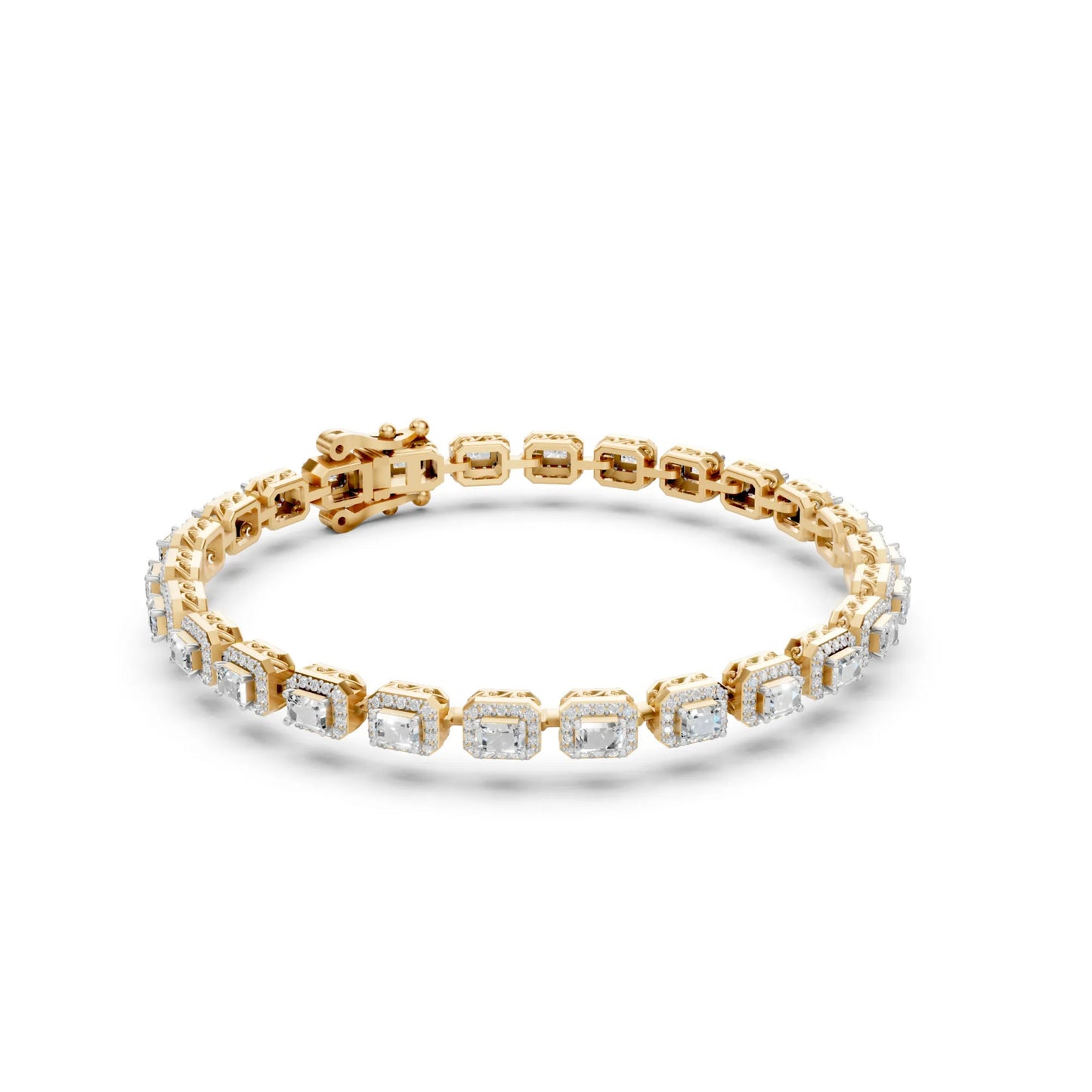 Emerald-Cut Halo Diamond Tennis Bracelet Yellow Gold