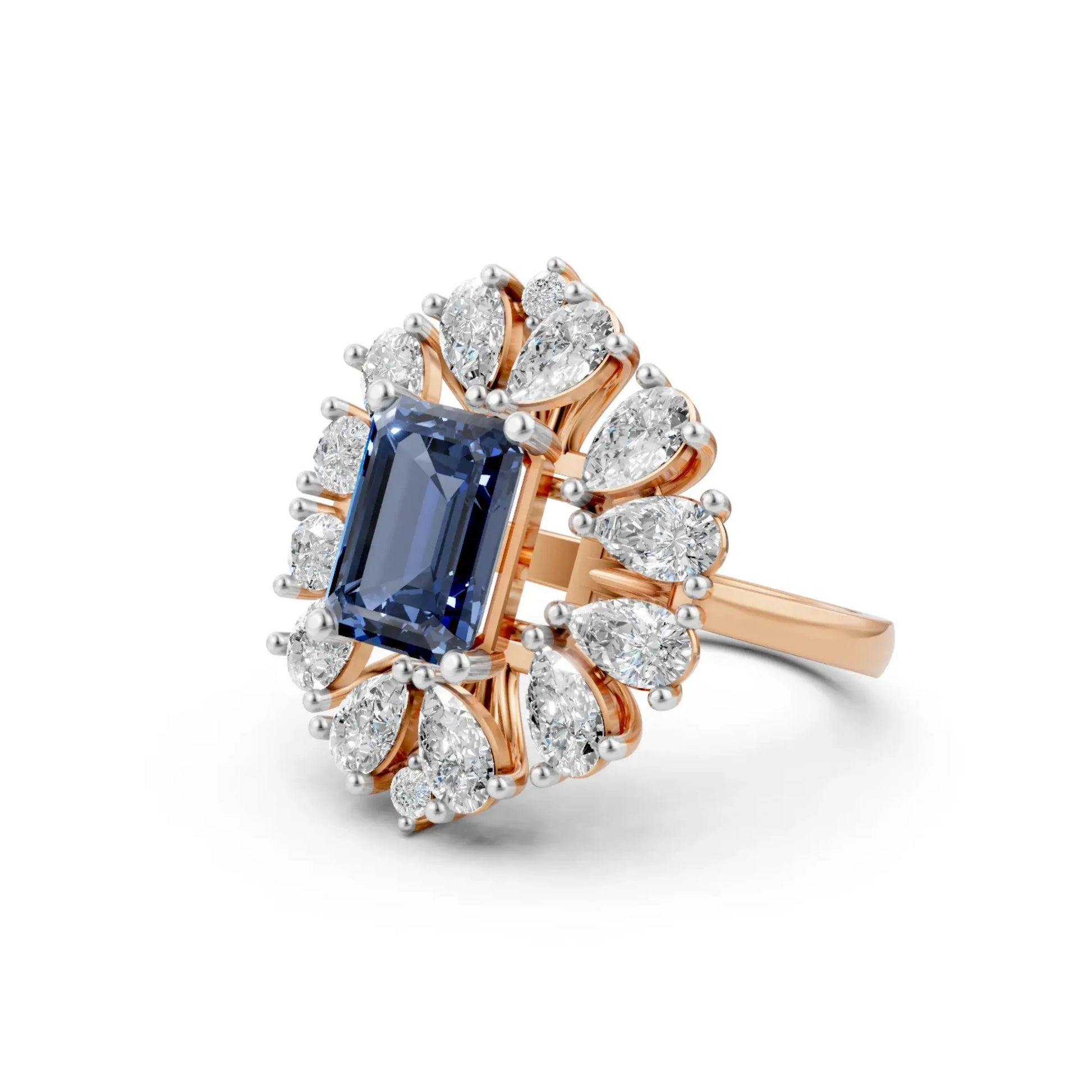 Blue Gemstone Halo Ring Rose Gold