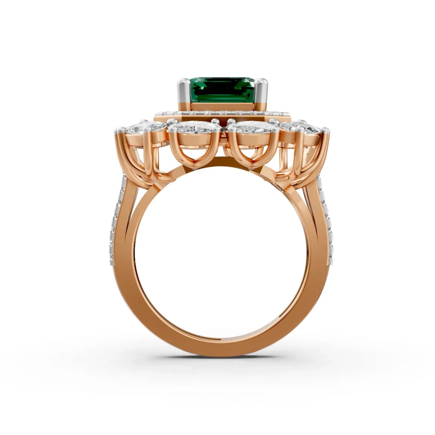 Emerald-Cut Center Diamond Ring with Halo Rose Gold
