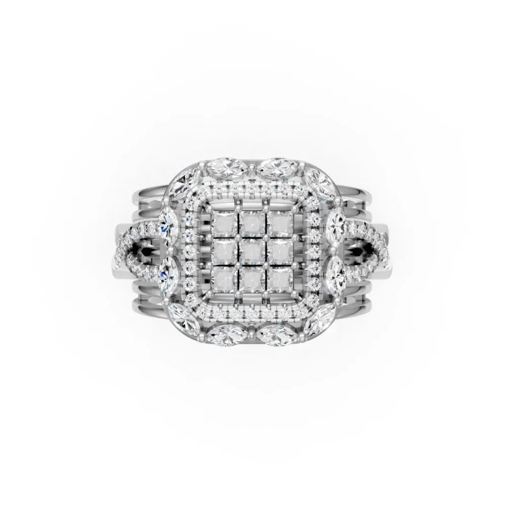 Grandeur Square Halo Cluster Ring White Gold