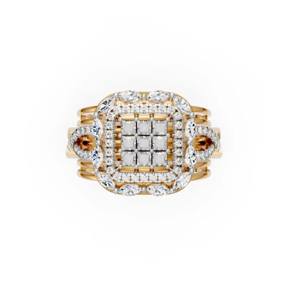 Grandeur Square Halo Cluster Ring Yellow Gold
