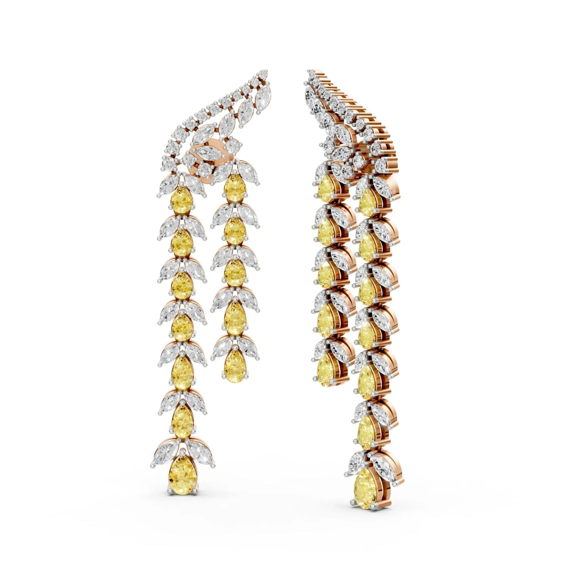 Long Drop Earrings with Yellow Pear Diamonds Rose Gold