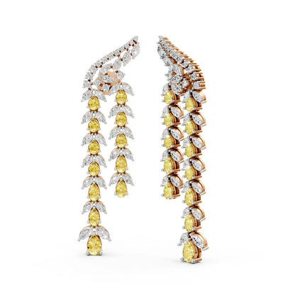 Long Drop Earrings with Yellow Pear Diamonds Rose Gold