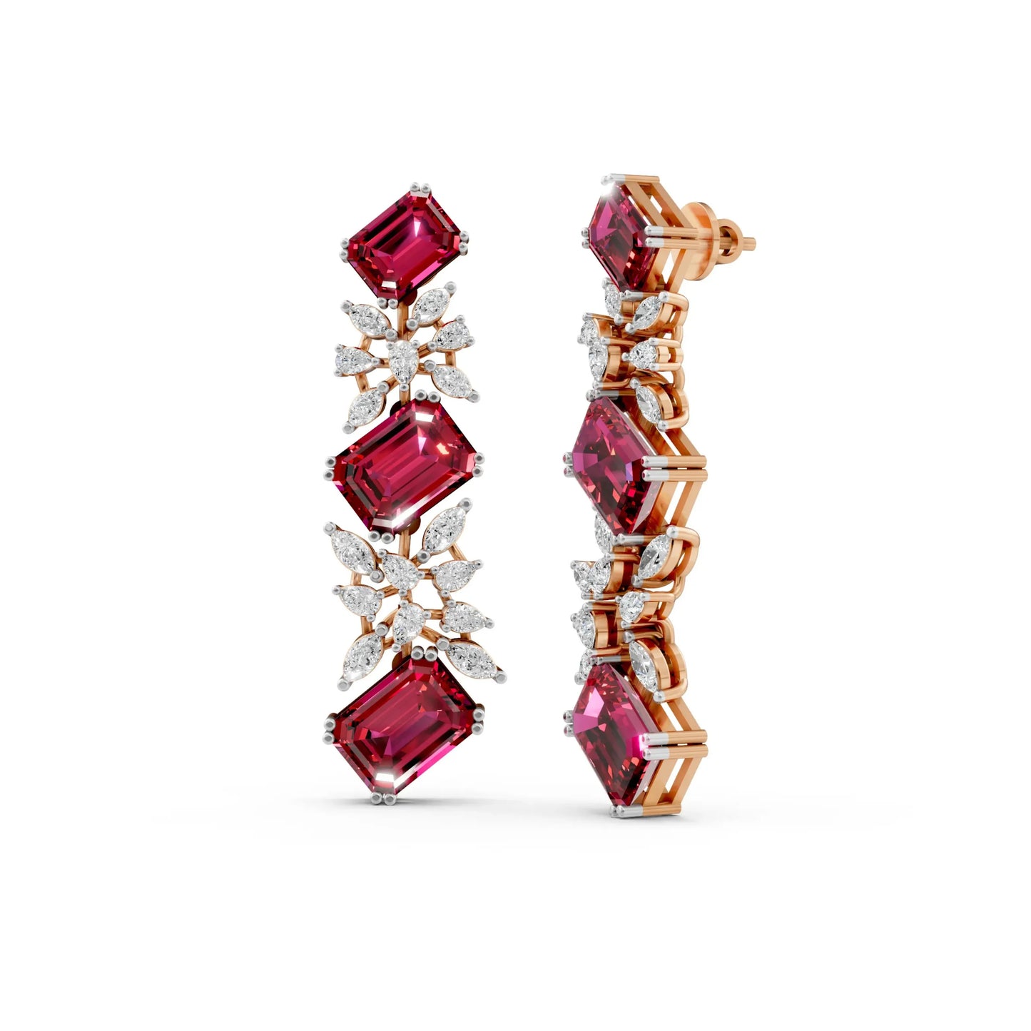 Emerald-Cut Ruby and Diamond Cascade Earrings Rose Gold