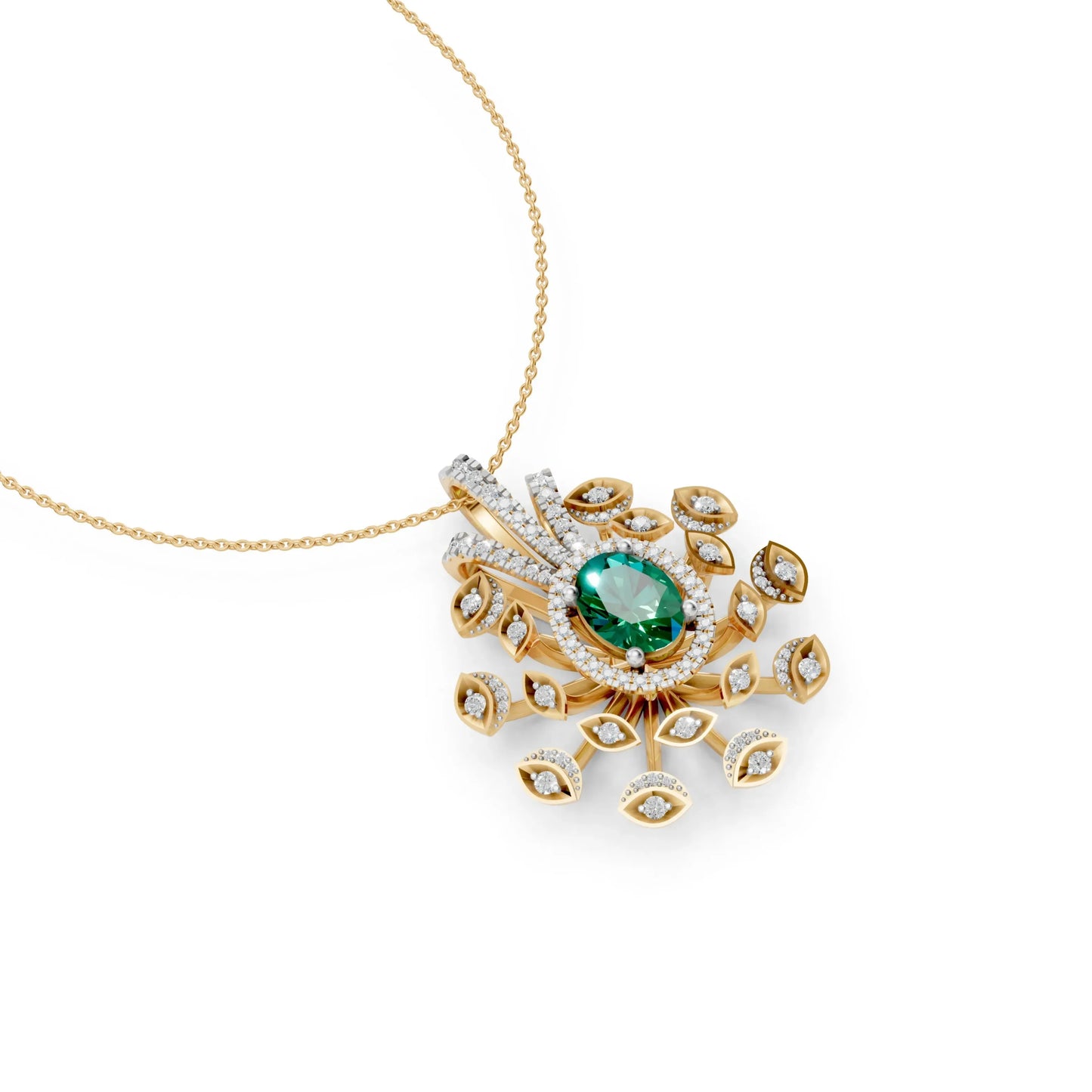 Peacock Feather Green Pendant Yellow Gold