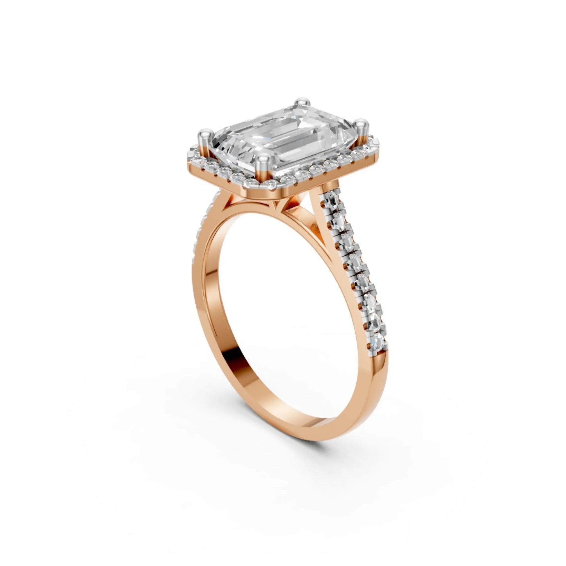 Halo Emerald-Cut Diamond Ring Rose Gold