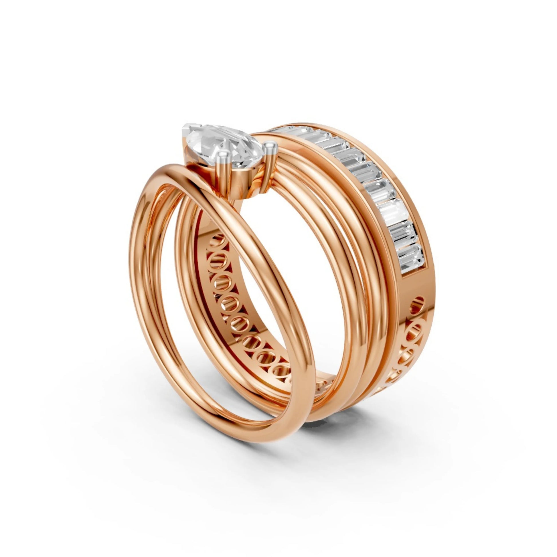 Pear Solitaire & Baguette Eternity Ring Set Rose Gold