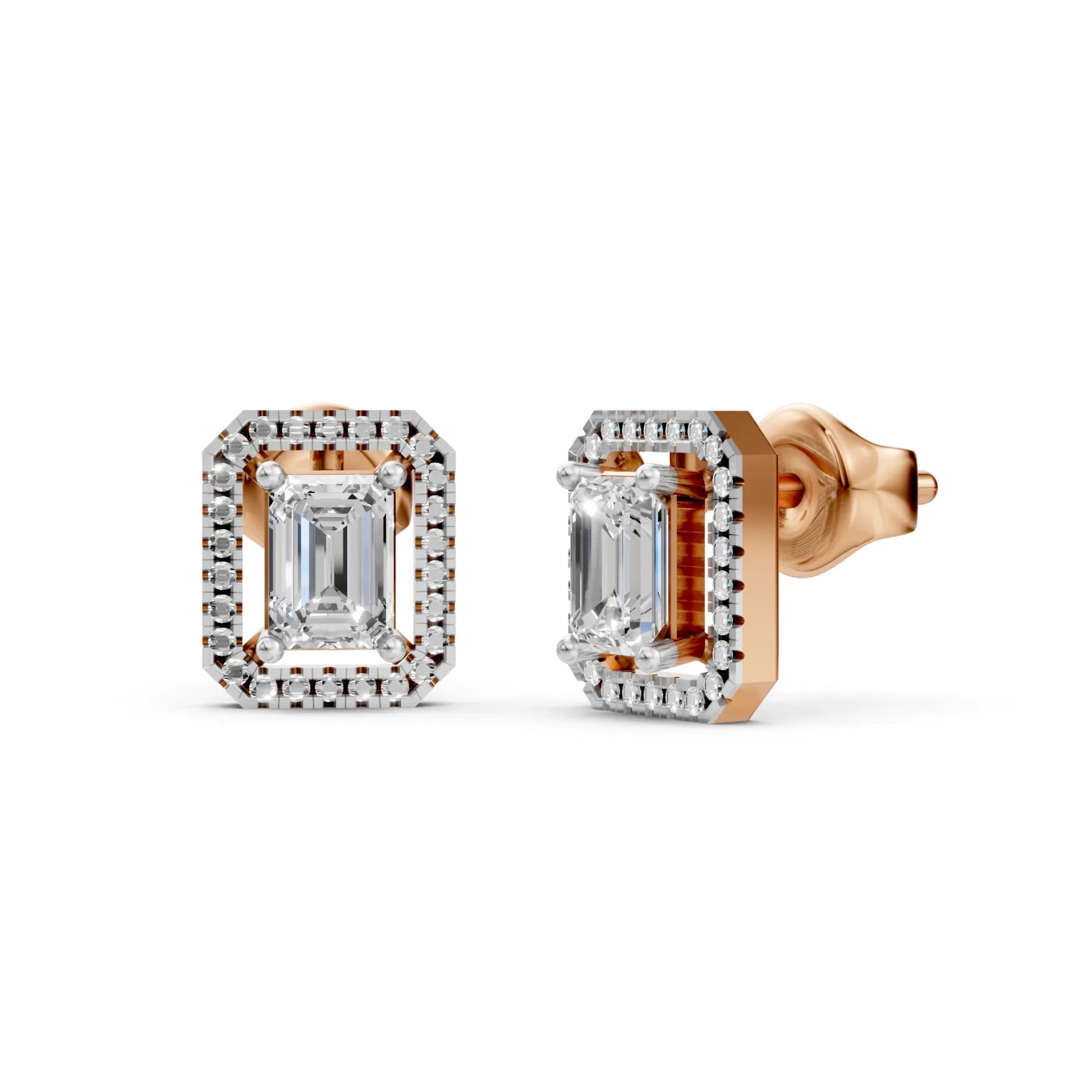 Emerald Cut Diamond Stud Earrings Rose Gold