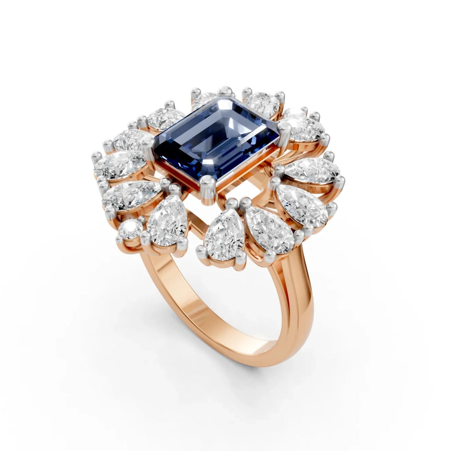 Blue Gemstone Halo Ring Rose Gold