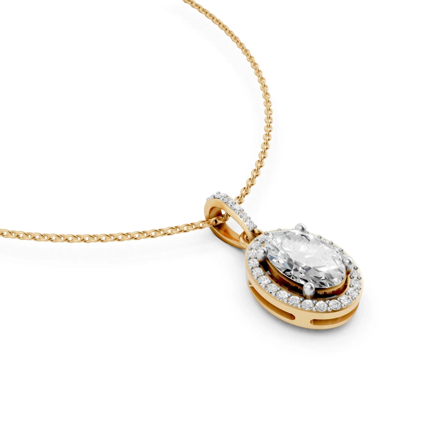 Classic Oval Cut Diamond Pendant with Halo Setting Yellow Gold