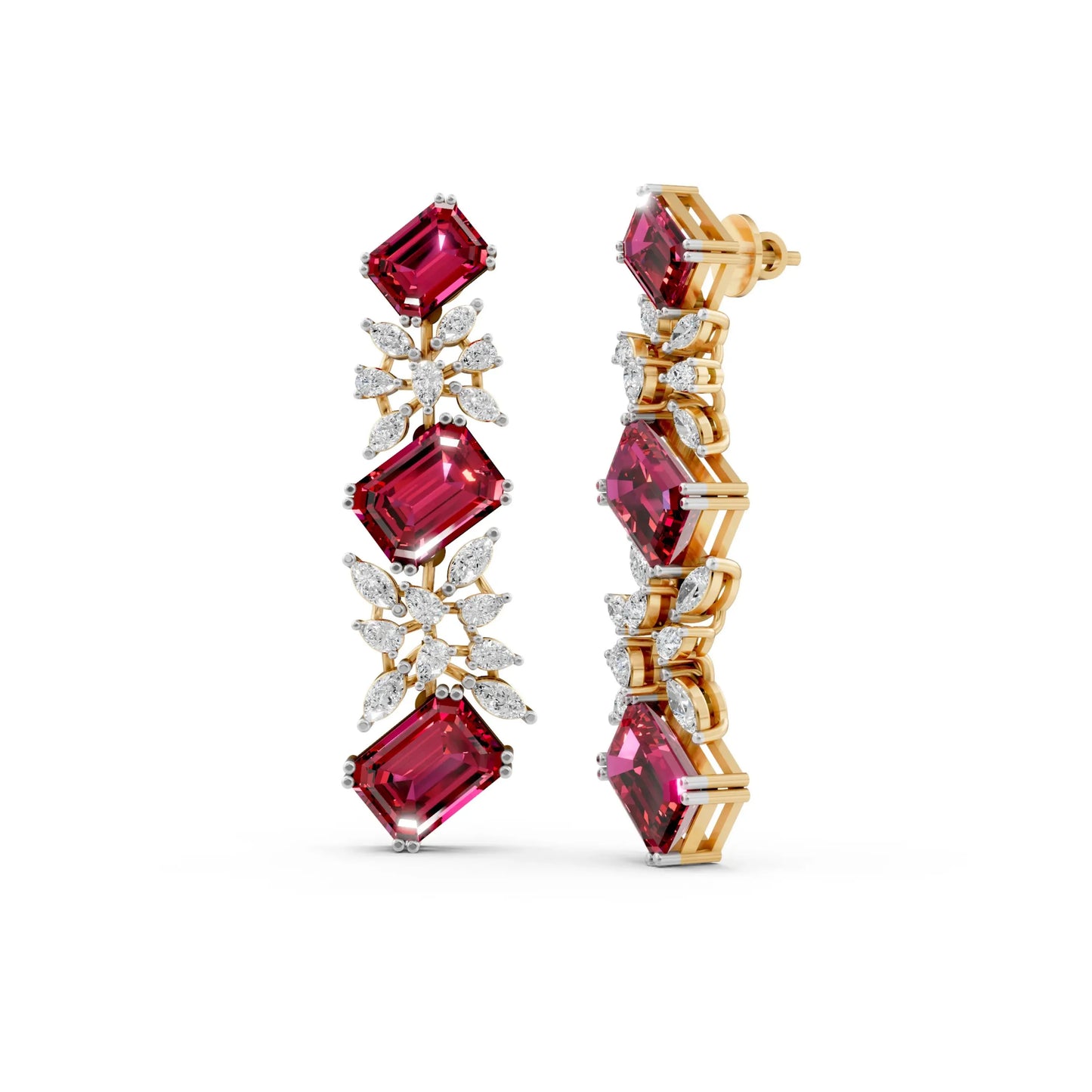 Emerald-Cut Ruby and Diamond Cascade Earrings Yellow Gold