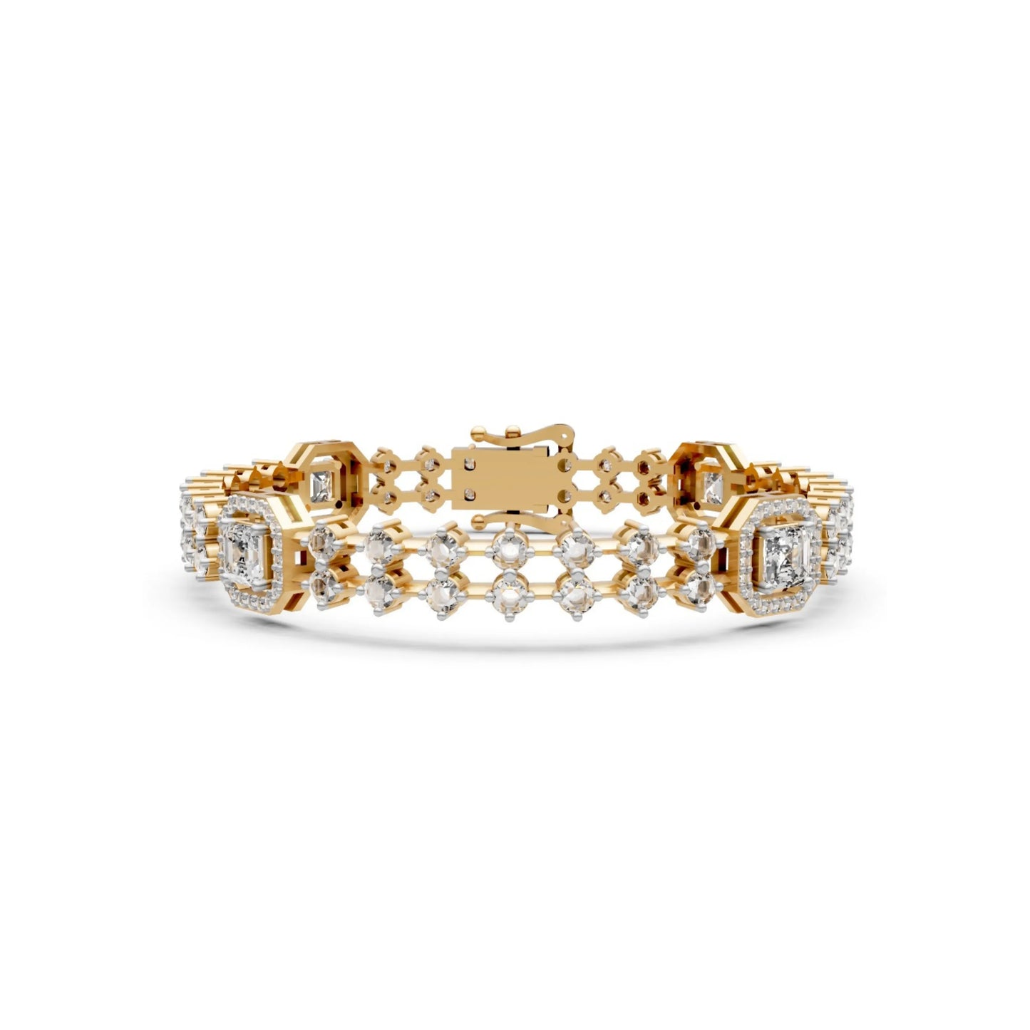 Diamond Bracelet with Halo Stations Yellow Gold