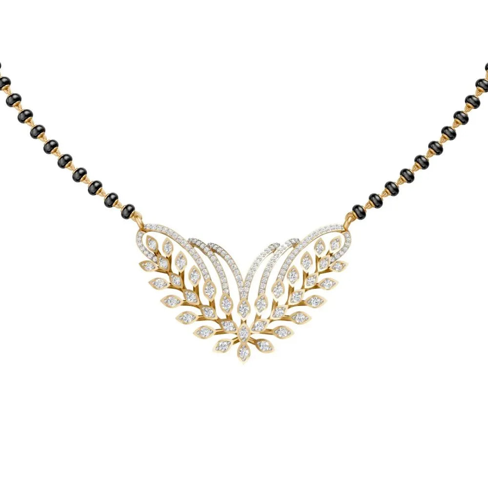 Leaf Motif Diamond Mangalsutra with Elegant Dual Curve Design Yellow Gold