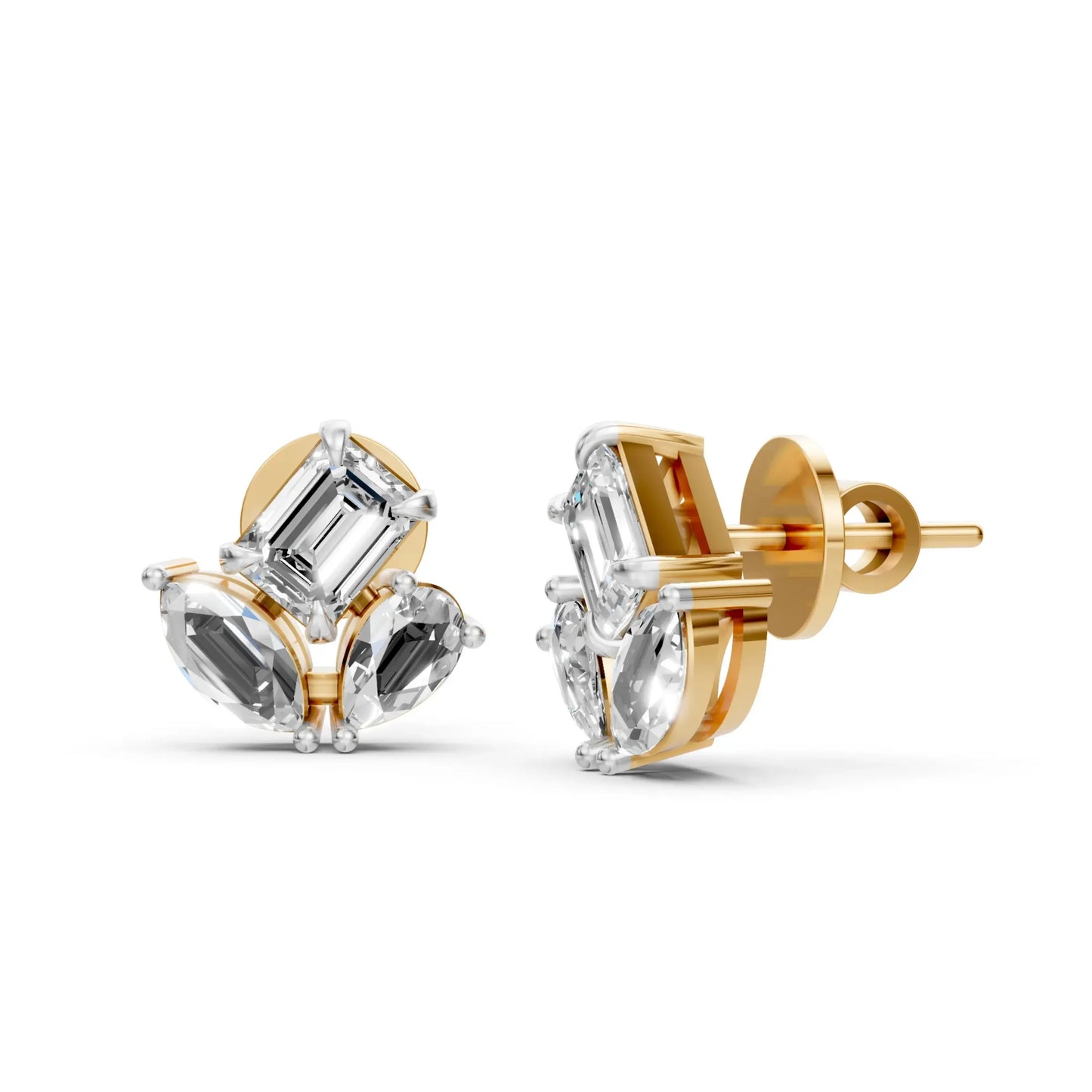 Marquise and Emerald-Cut Diamond Stud Earrings Yellow Gold