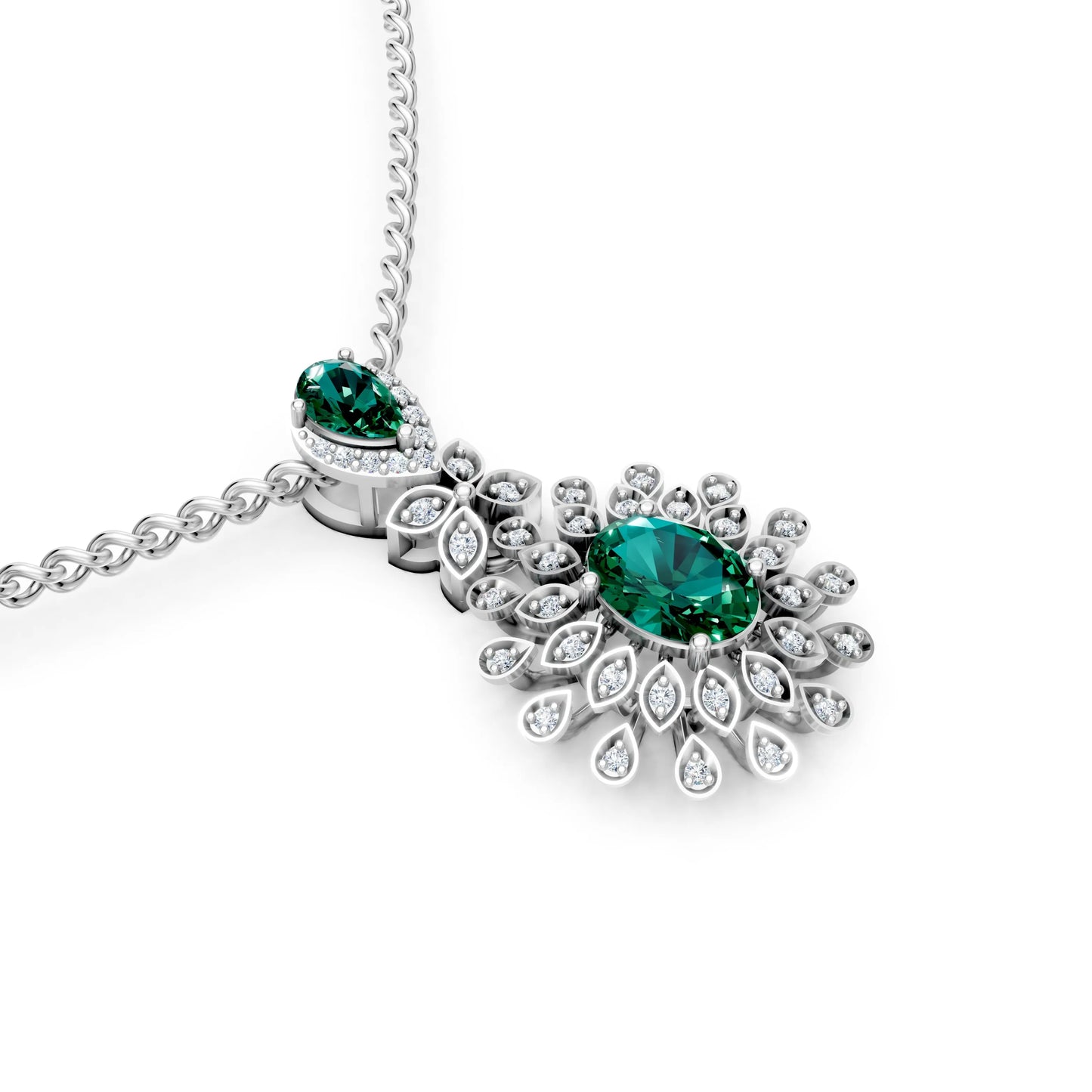 Green Gem Floral Diamond Pendant White Gold