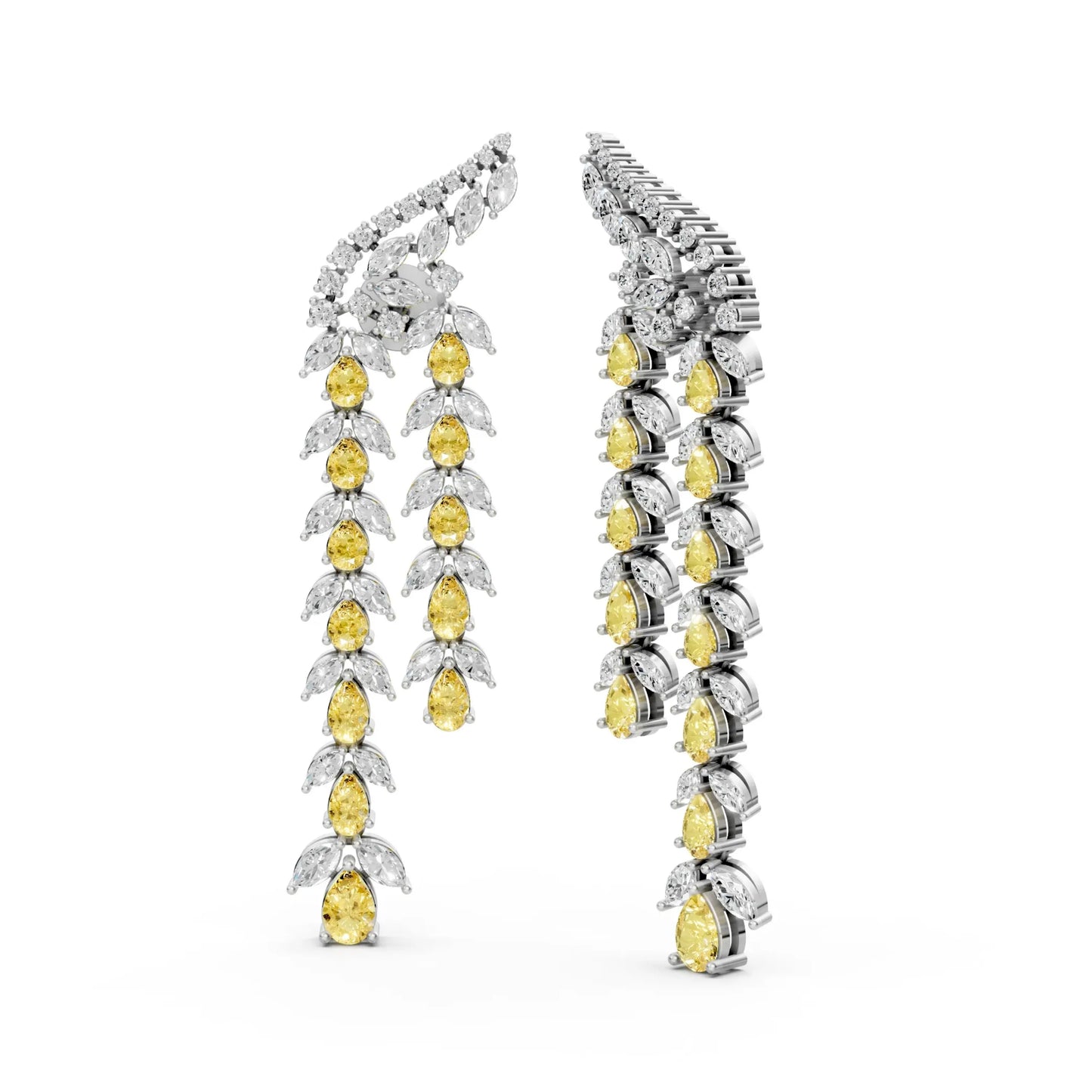 Long Drop Earrings with Yellow Pear Diamonds White Gold