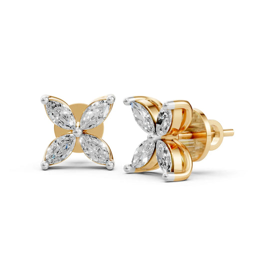 Floral & Hoop Diamond Earrings – Round Cut Elegance Yellow Gold