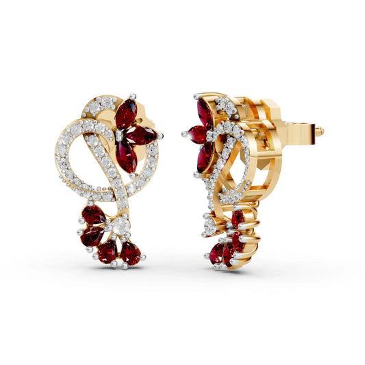 Ruby Floral Loop Earrings with Diamond Accents Yellow Gold