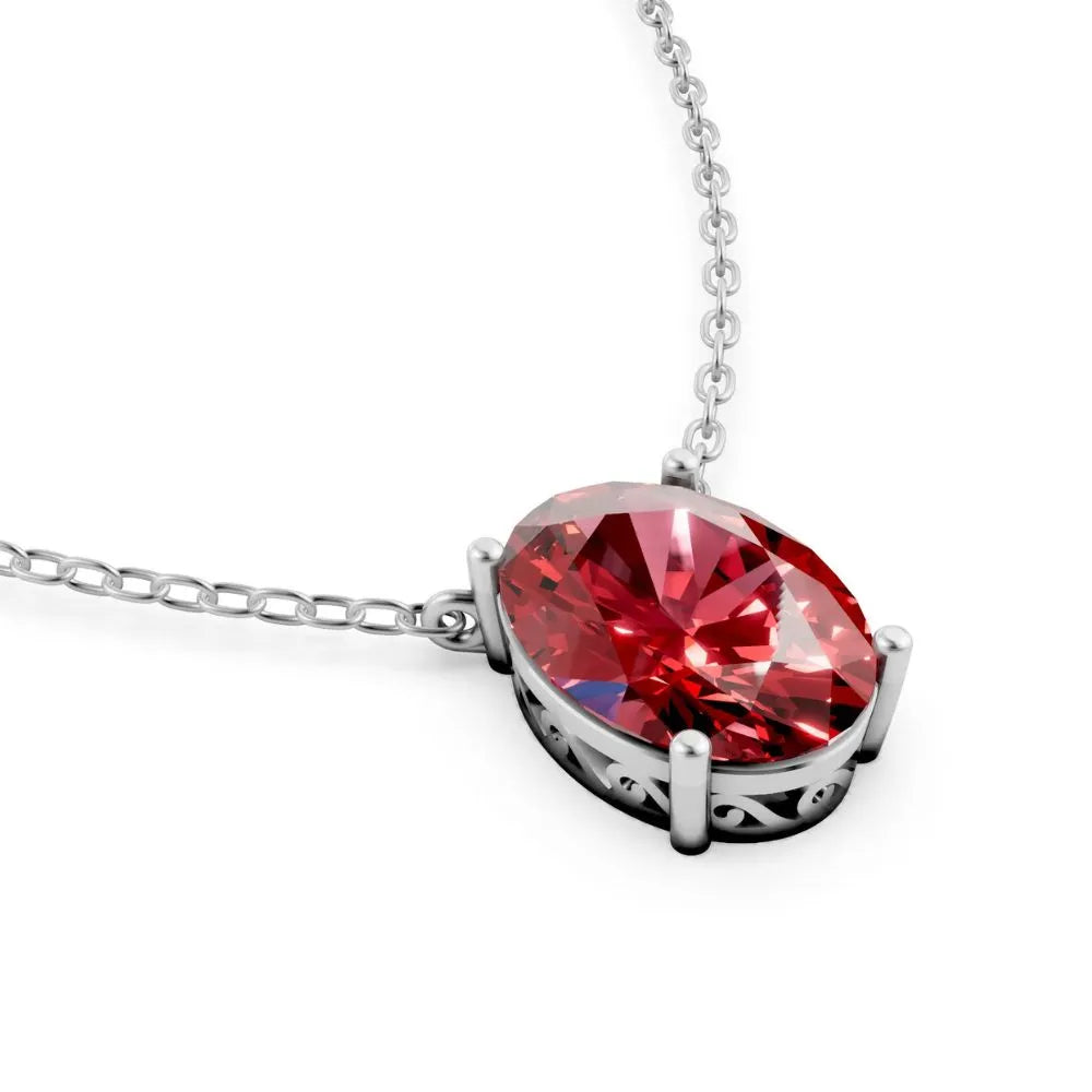 Oval-Cut Red Color Stone Solitaire Necklace White Gold