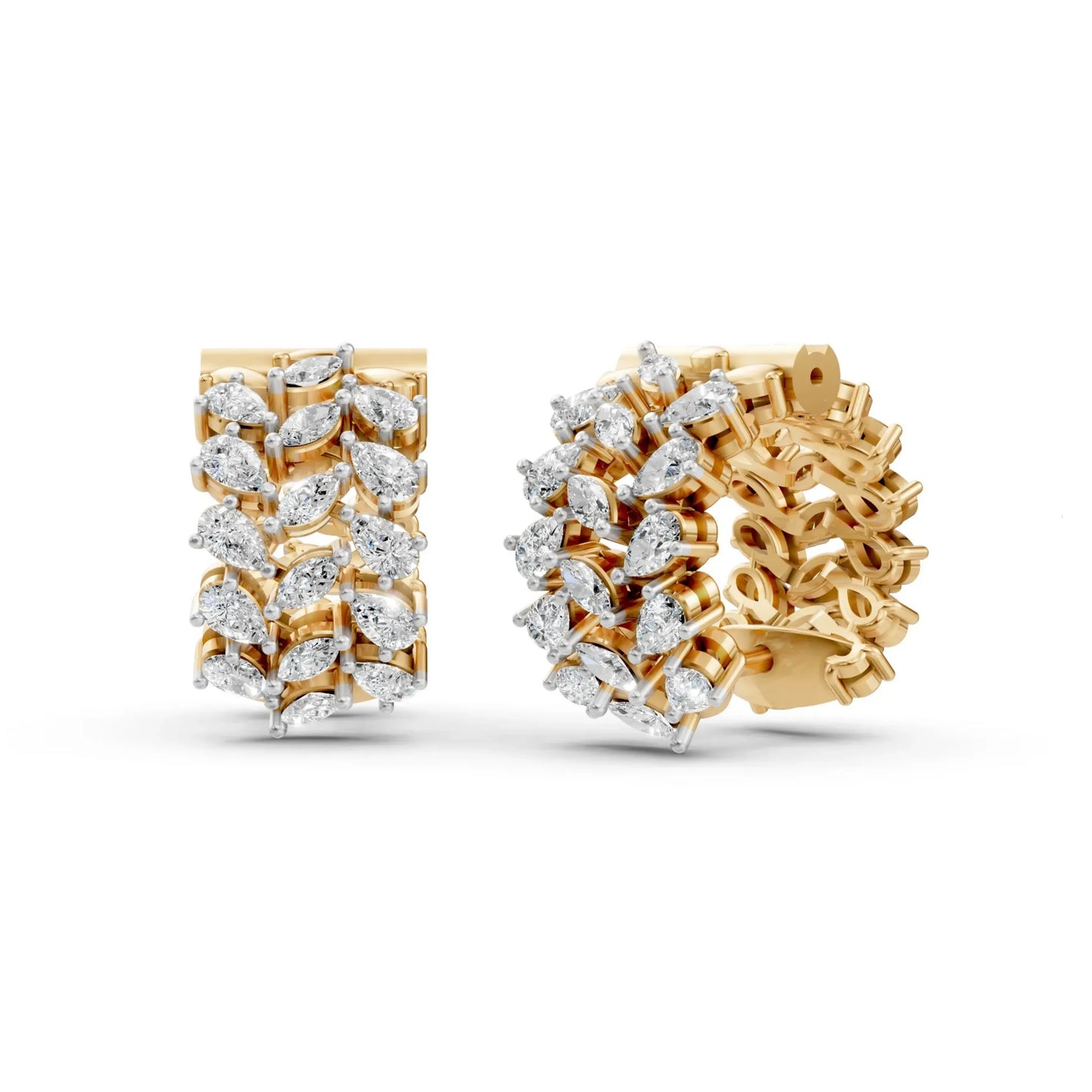 Pear-Round Cluster Hoop Earrings Yellow Gold