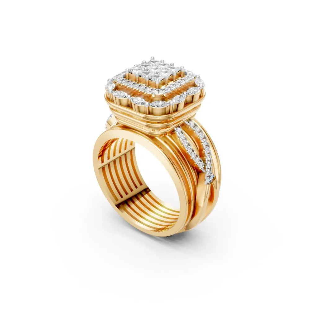Grandeur Square Halo Cluster Ring Yellow Gold