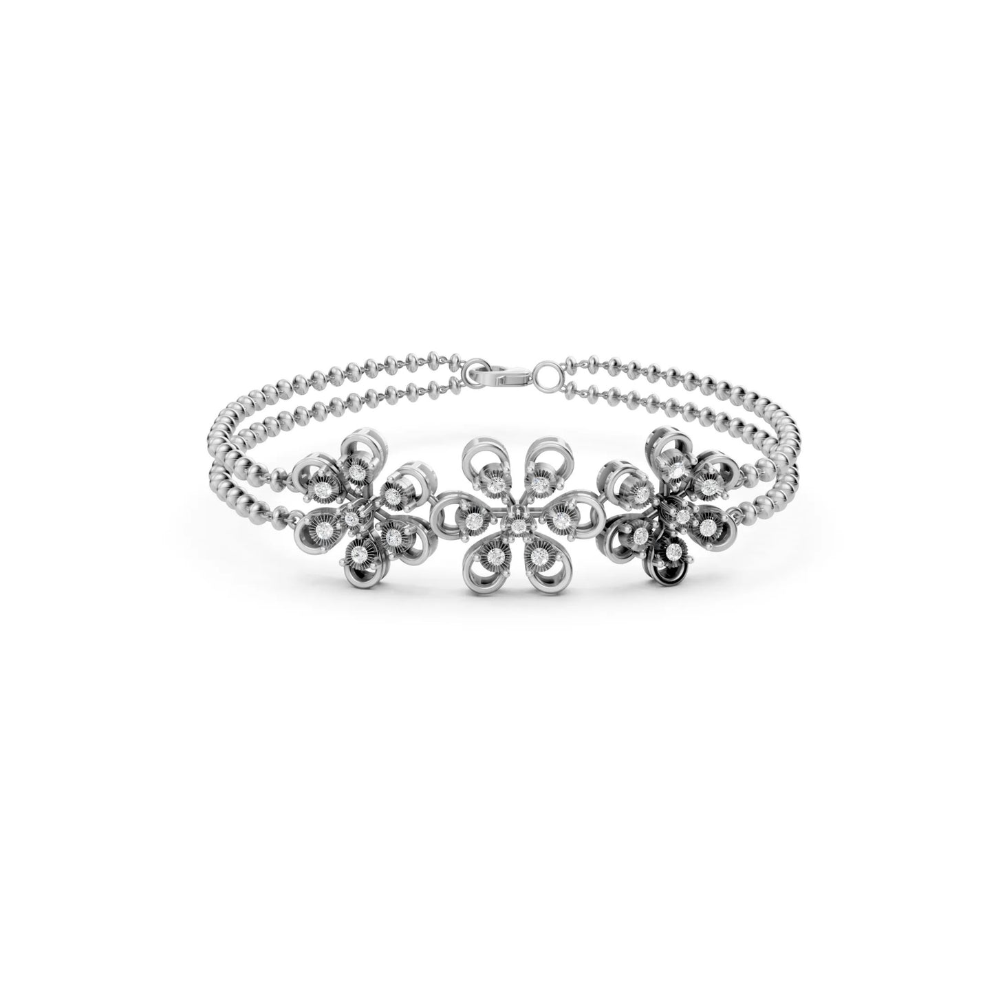 Floral Diamond Bracelet with Double Bead Chain White Gold