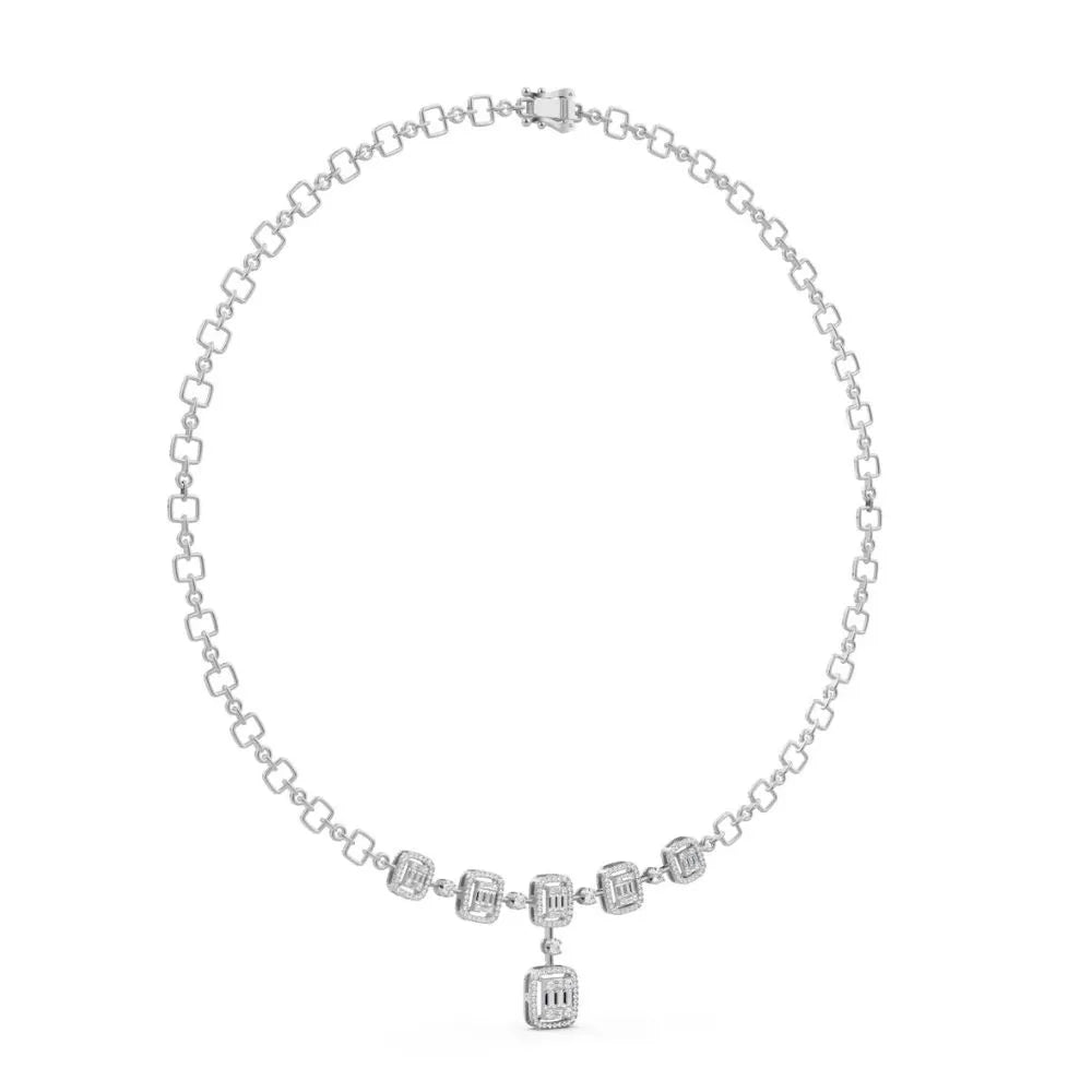 Emerald-Cut Diamond Drop Necklace White Gold 