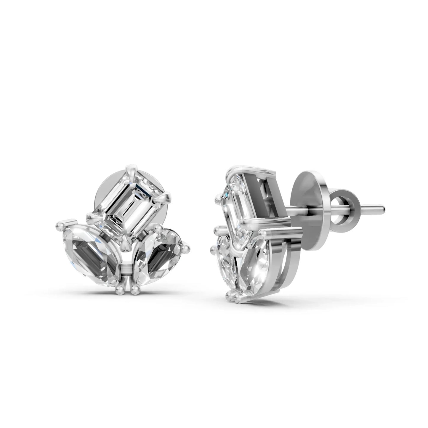 Marquise and Emerald-Cut Diamond Stud Earrings White Gold