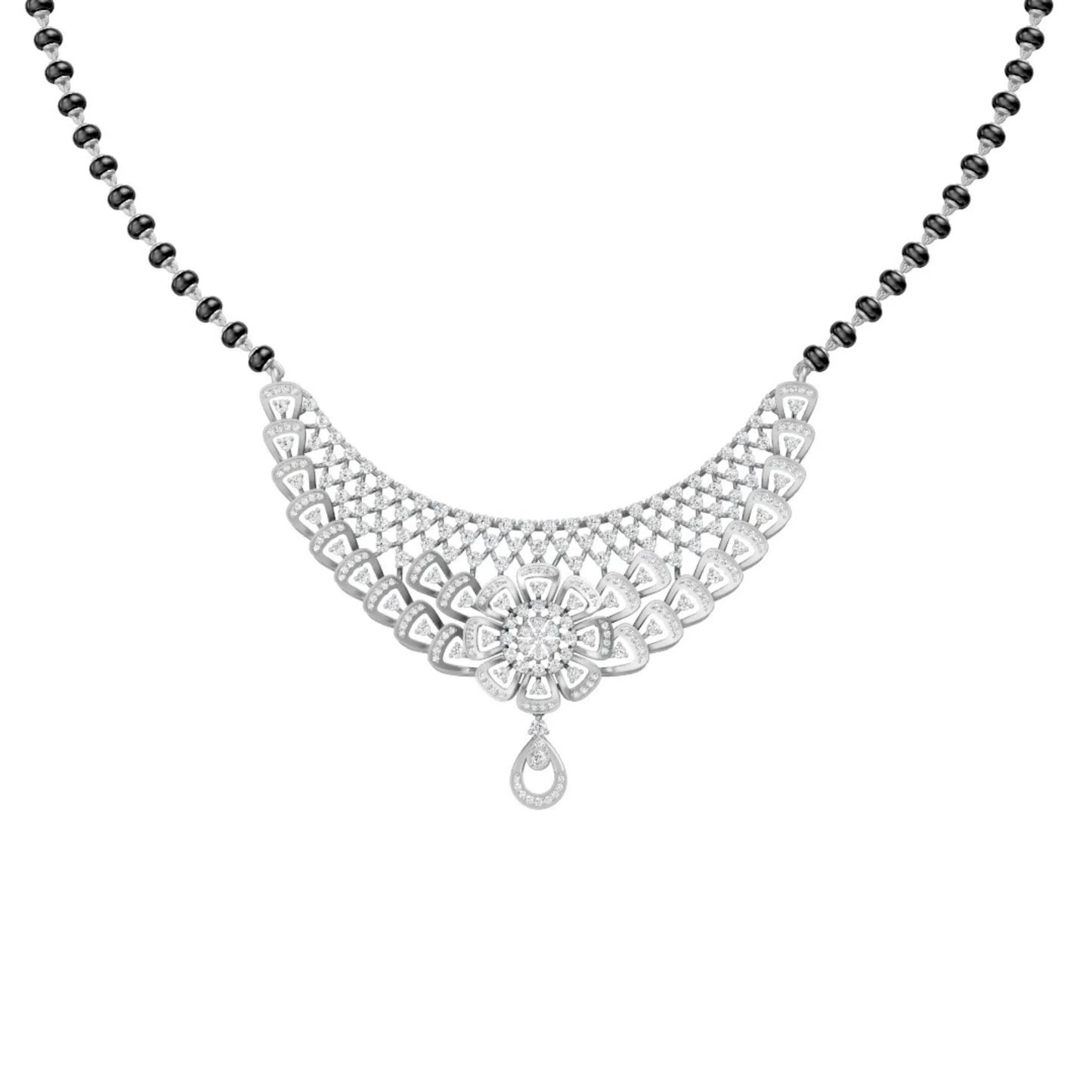 Designer Diamond Mangalsutra with Net-Inspired Floral Pendant White Gold