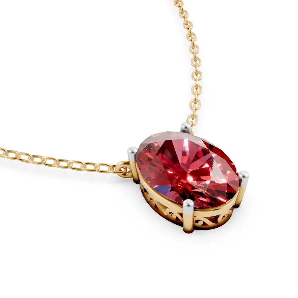 Oval-Cut Red Color Stone Solitaire Necklace Yellow Gold
