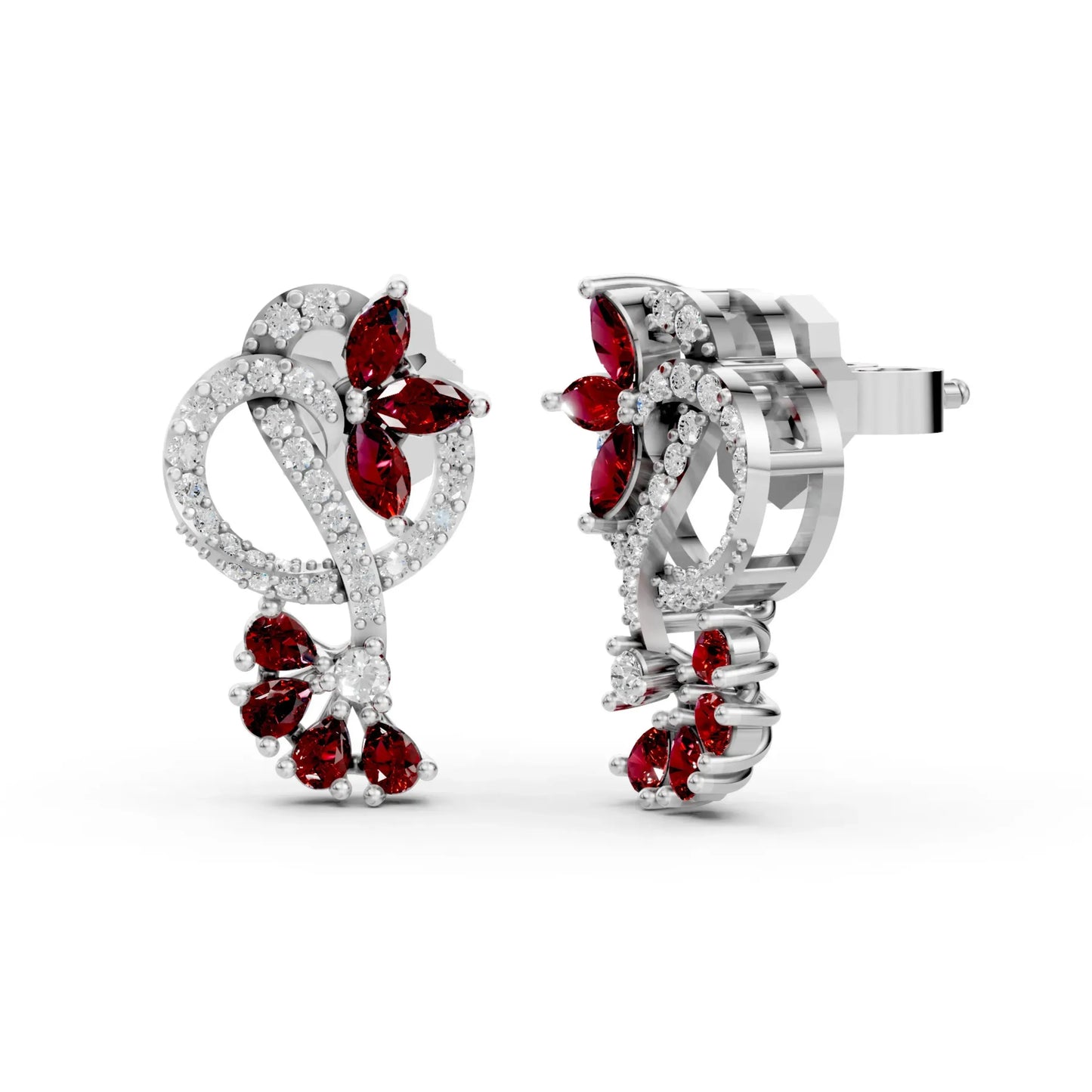 Ruby Floral Loop Earrings with Diamond Accents White Gold