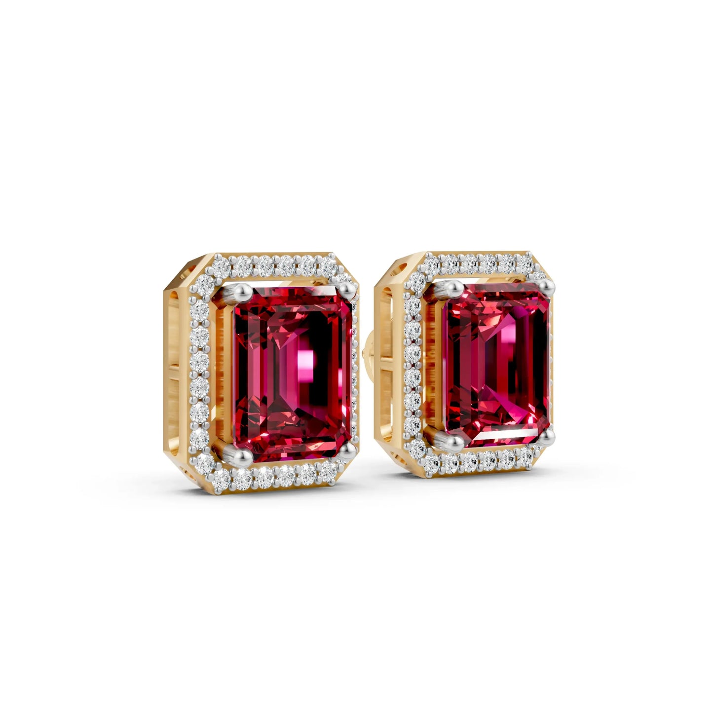 Emerald-Cut Color Stone Stud Earrings Yellow Gold