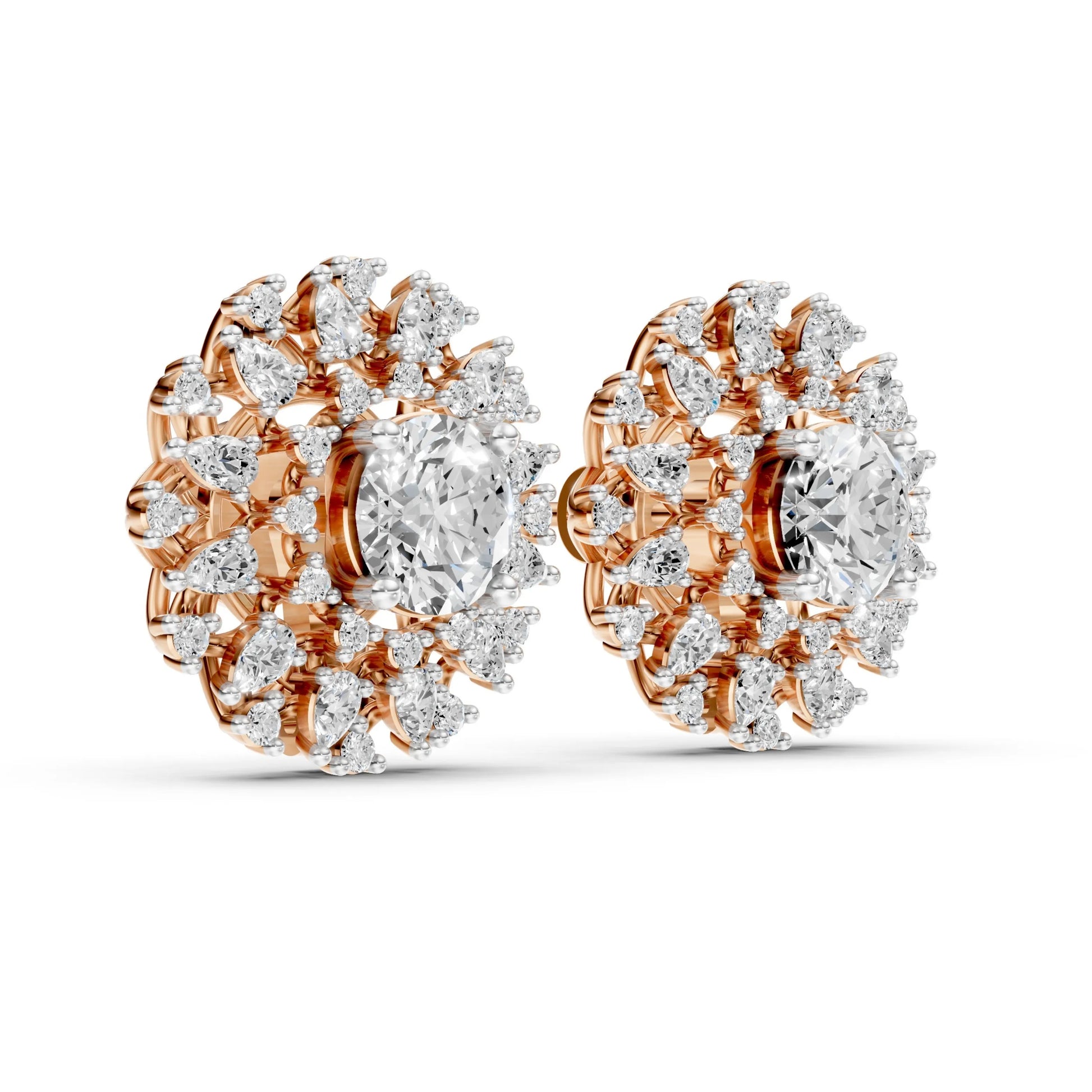 Round and Marquise Diamond Floral Stud Earrings Rose Gold