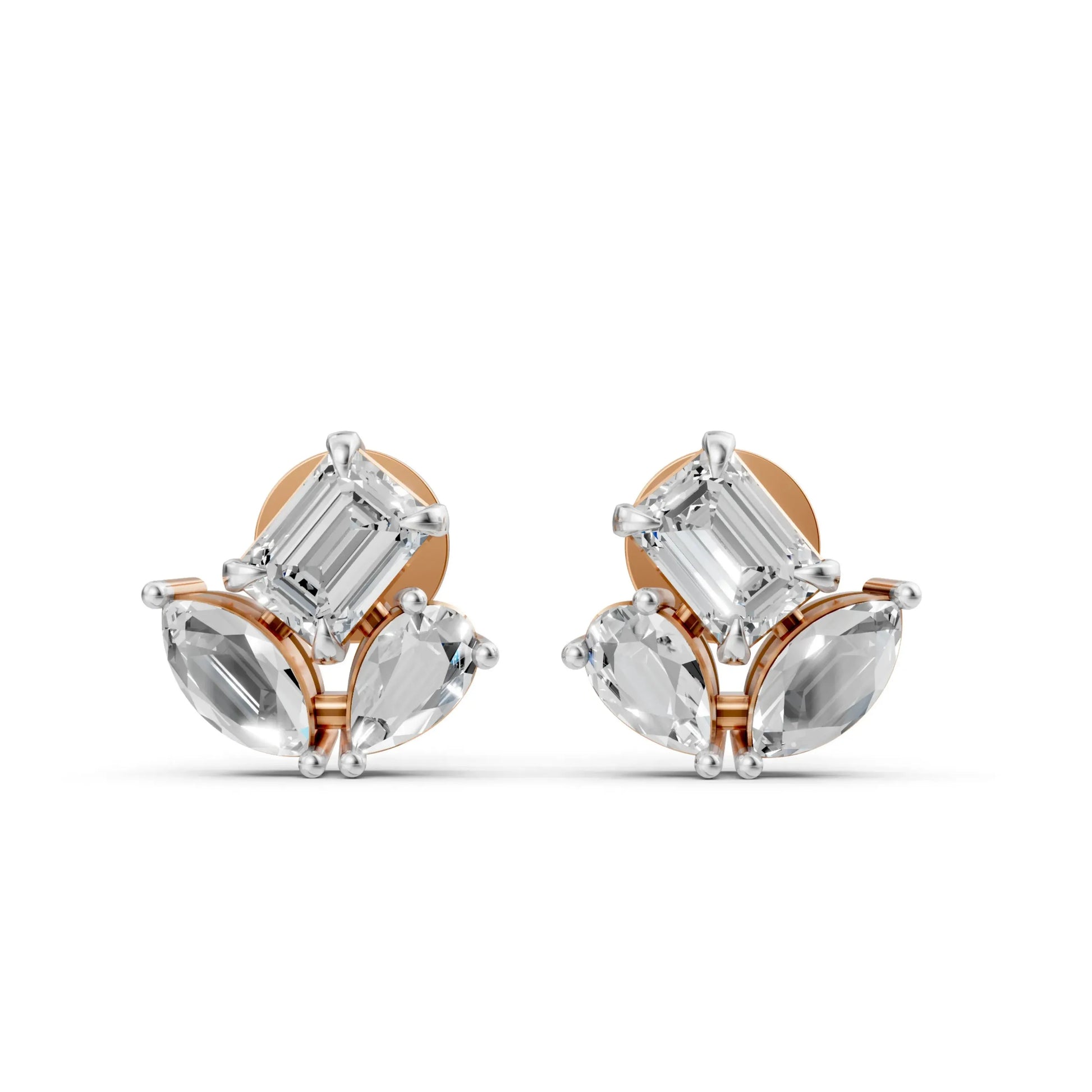 Marquise and Emerald-Cut Diamond Stud Earrings Rose  Gold