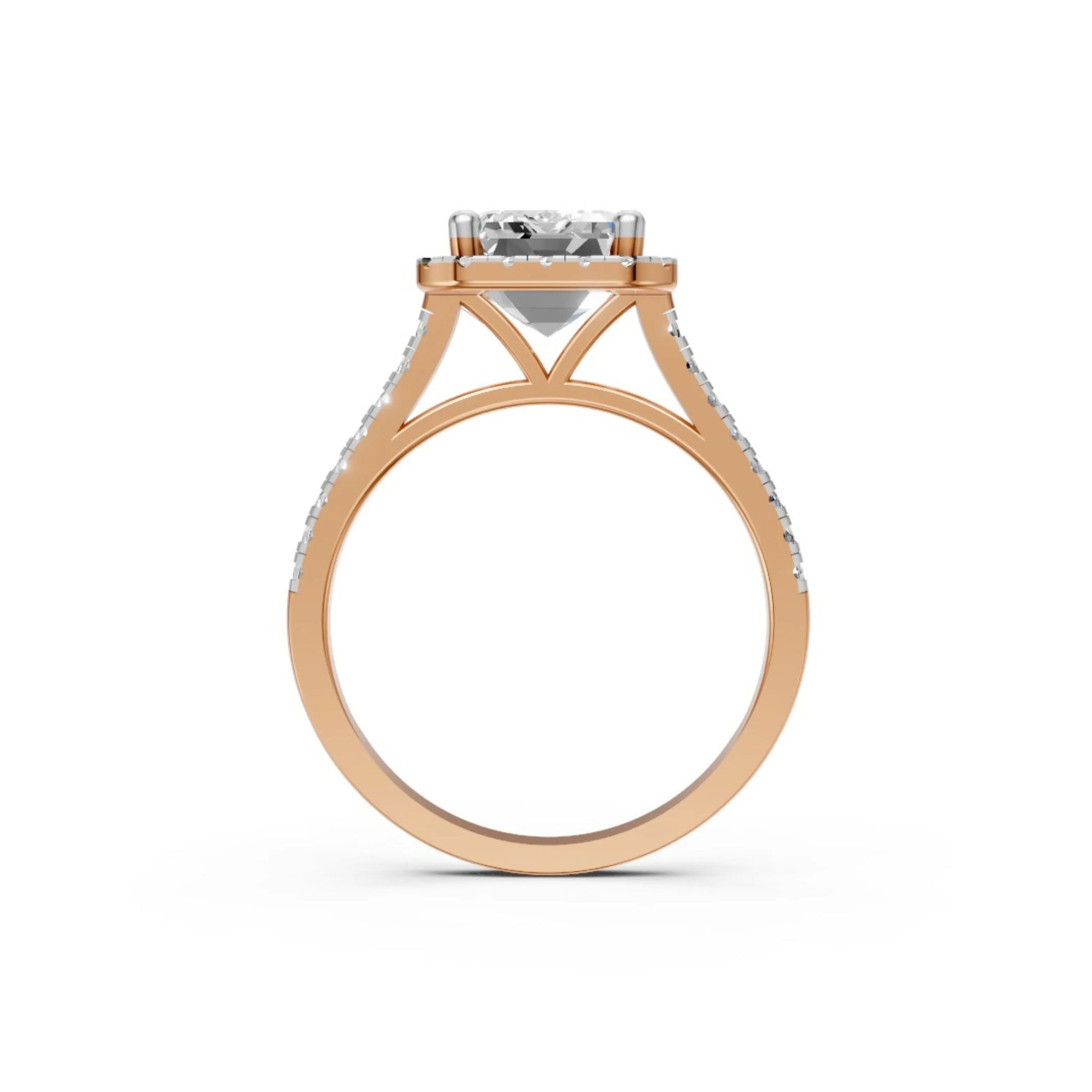 Halo Emerald-Cut Diamond Ring Rose Gold