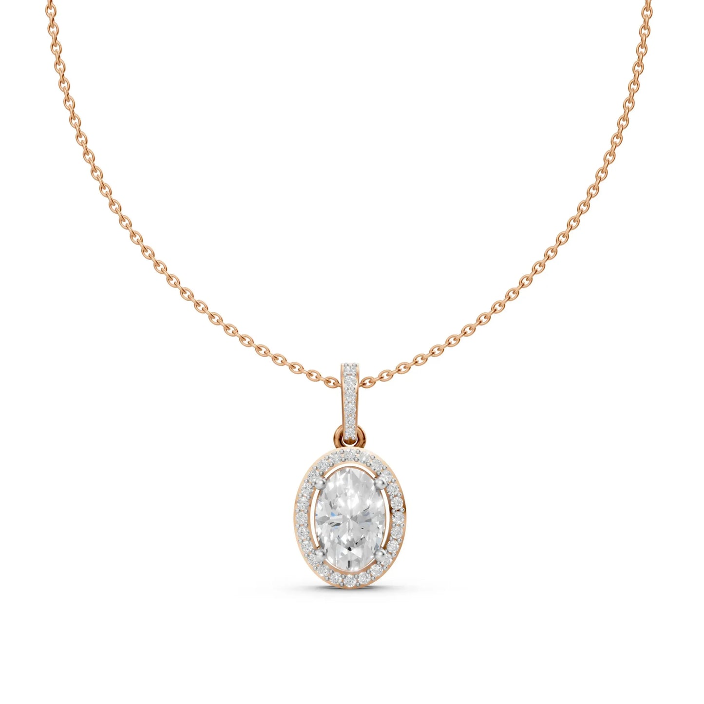 Classic Oval Cut Diamond Pendant with Halo Setting Rose Gold