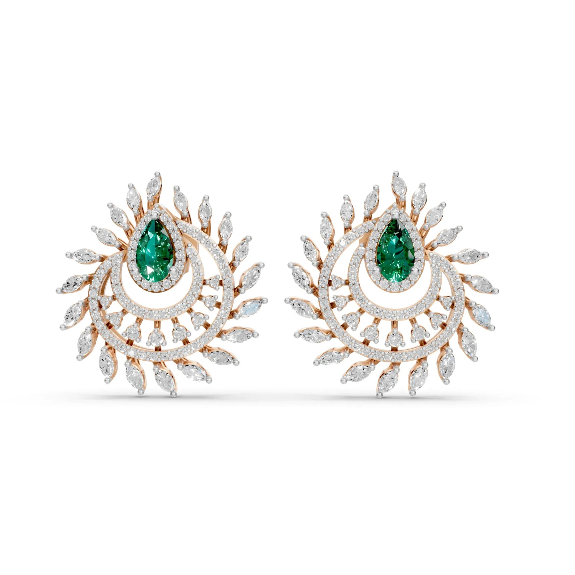 Pear Emerald Earrings with Marquise and Round Diamonds Rose Gold
