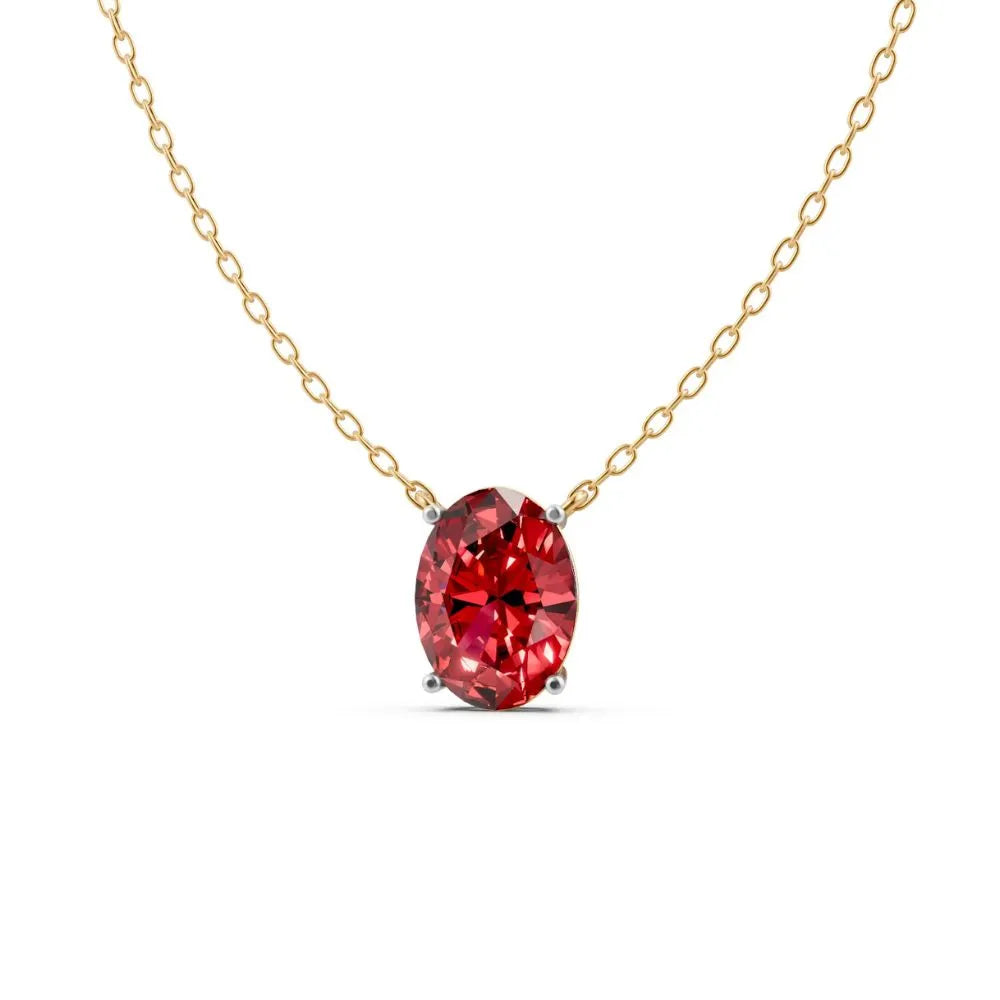 Oval-Cut Red Color Stone Solitaire Necklace Yellow Gold 