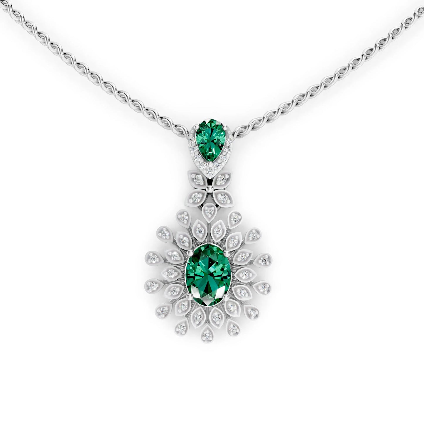 Green Gem Floral Diamond Pendant White Gold