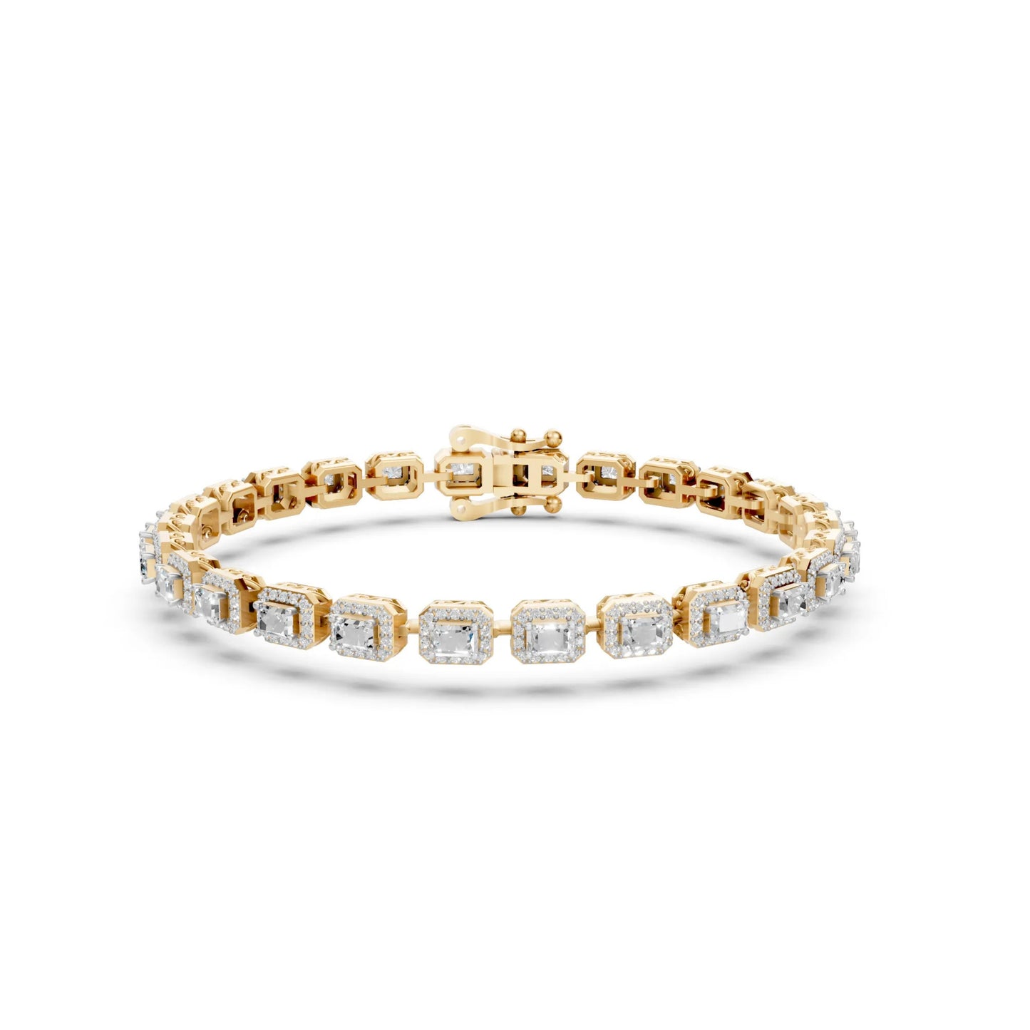 Emerald-Cut Halo Diamond Tennis Bracelet Yellow Gold