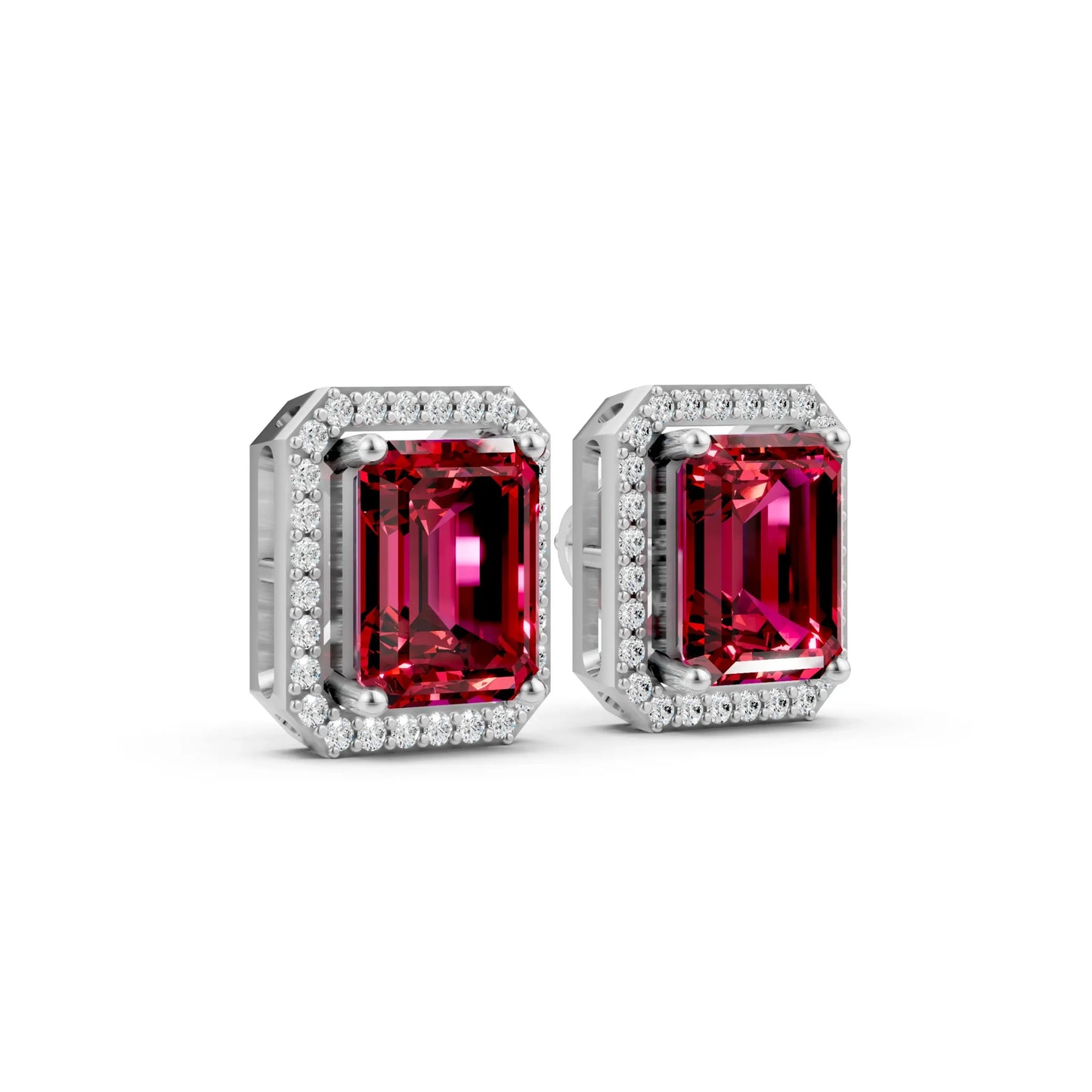 Emerald-Cut Color Stone Stud Earrings White Gold