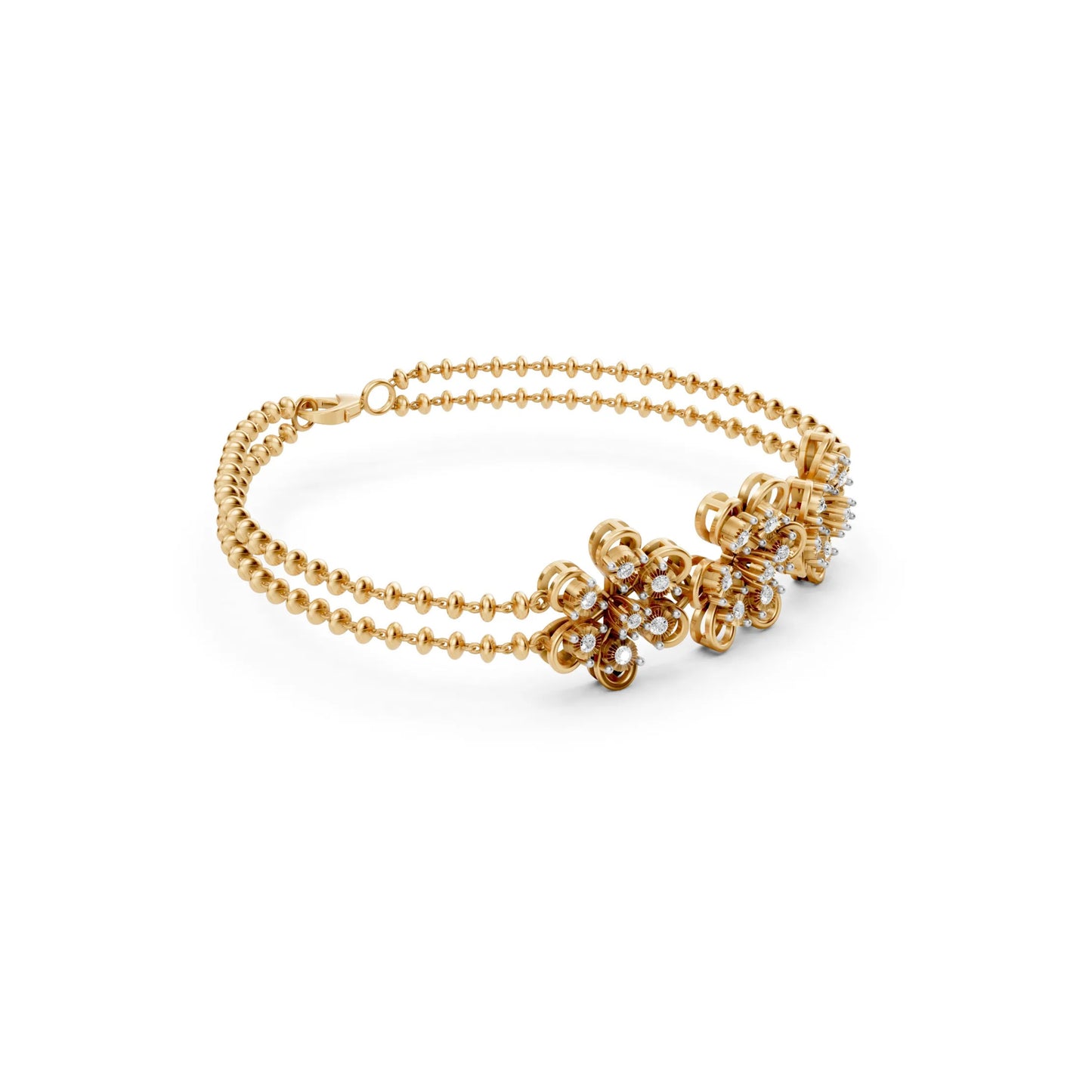 Floral Diamond Bracelet with Double Bead Chain Yellow Gold